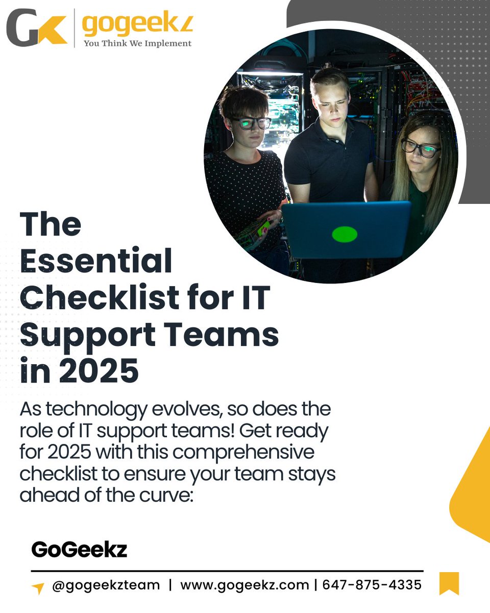 GoGeekz's tweet image. The Essential Checklist for IT Support Teams in 2025🚀 Stay ahead of the curve with the must-have tools, skills, and protocols that every IT support team needs to thrive in 2025
#ITSupport2025 #TechChecklist #ITTrends2025 #ITSupportTeams #canada #toronto #ontario #montreal