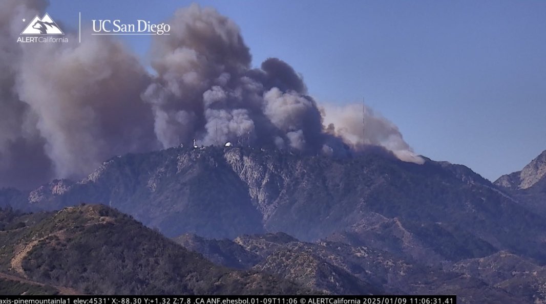 CalDisasters's tweet photo. Mt. Wilson being impacted as #EatonFire blows over the mountain endangering all the comm equipment up there including TV and radio as well as government and commercial. #MountWilson #MtWilson https://t.co/nii40Ft2ot