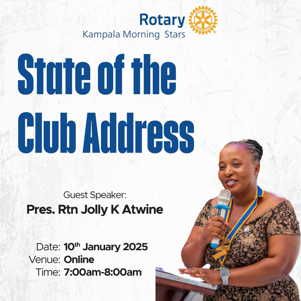 The Magical Year is half way and it’s been a rollercoaster. Join us tomorrow as our Magical President, Rtn Jolly Twine gives us an update on the state of the club 

Venue: health-go-ug.zoom.us/j/91941039525?…

Time: 7:00-8:00AM
