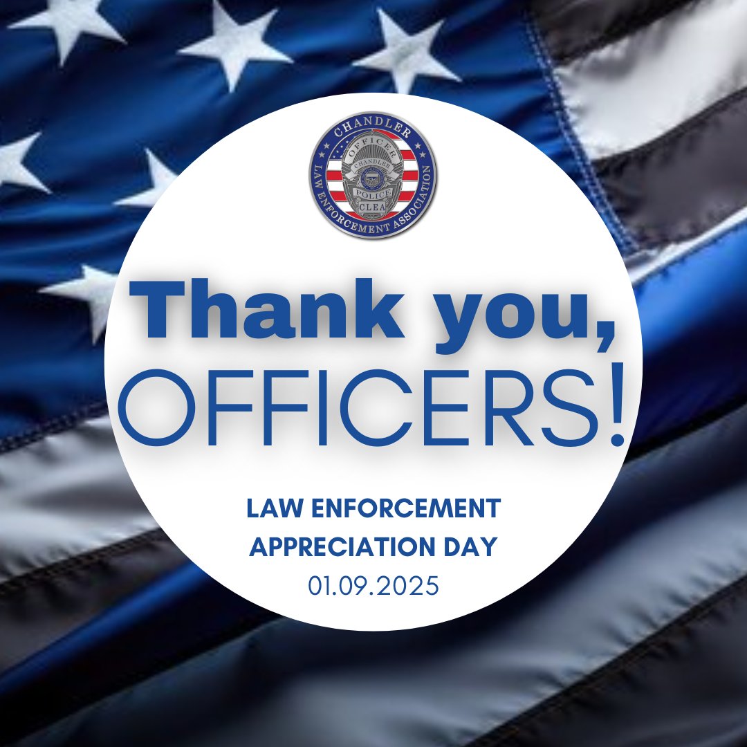 Today, we show our support and gratitude for those who put their lives on the line to keep us safe each day.
Join us in thanking our law enforcement team for their selfless and courageous service to our Chandler community. 🇺🇸

#NationalLawEnforcementAppreciationDay