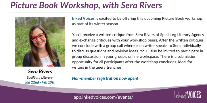 InkedVoices's tweet image. We have a couple of spots open in our upcoming workshop with @writeloudly Sera Rivers. Now open to non-members:) This is a terrific opportunity to get a full PB ms critiqued by an industry pro. And it comes with a submission opportunity!
app.inkedvoices.com/event/workshop…