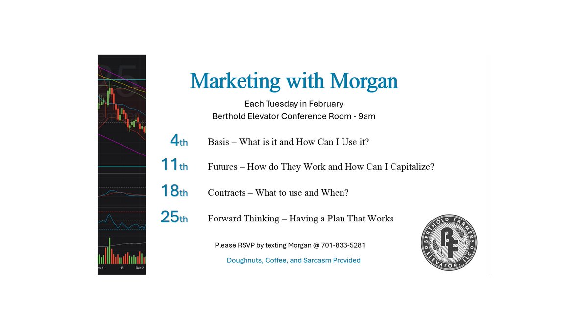 Join us for grain marketing sessions in February! With different contracting options, its good to know what works, when it works, and how it works. Please text or call Morgan to RSVP. We look forward to seeing you in February!