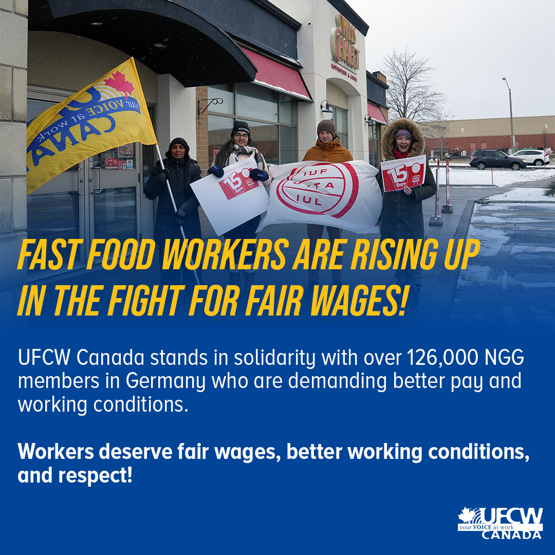 German #FastFood workers demand a wage increase to €15/hour, but employers offer just €1.26 ($1.87 CAD) over 4 years! Despite strikes, negotiations are stalled. Let’s show our solidarity with the workers in their fight for fairness.

#fastfoodglobal #ffwu

<a href="/IUFglobal/">IUF</a>