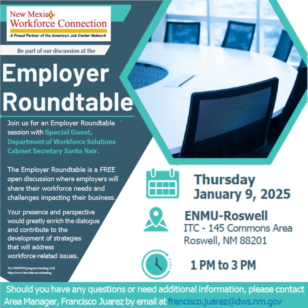 enmur's tweet image. Join us for an Employer Roundtable session with Special Guest, Department of Workforce Solutions Cabinet Secretary Sarita Nair. January 9, from 1-3pm at the ITC Commons. The Employer Roundtable is a FREE open discussion.

#EmployerRoundtable #NMWorkforceConnection