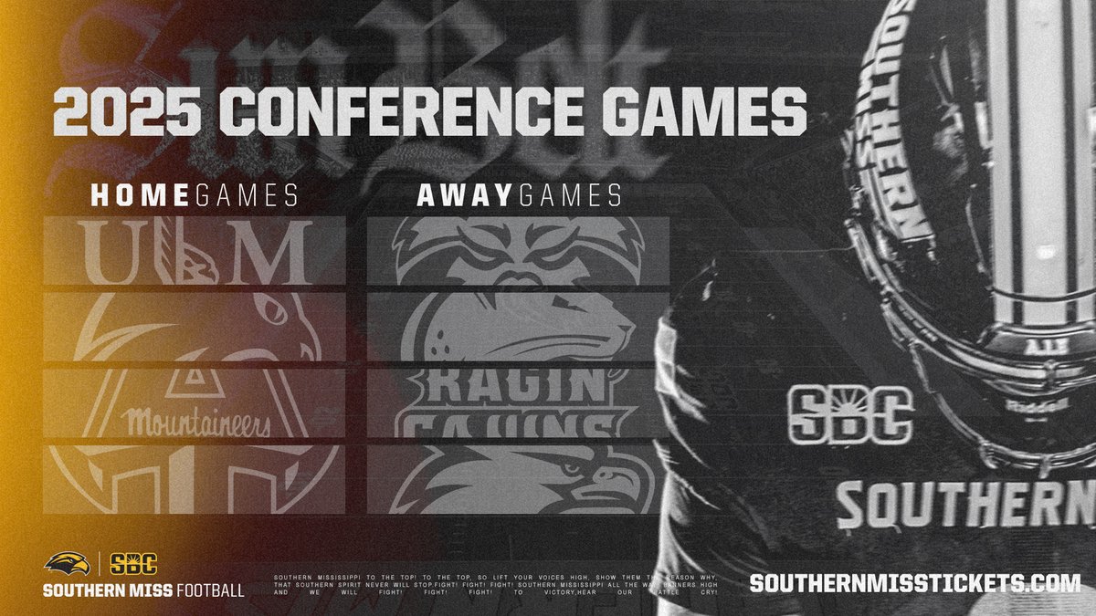 The '25 Sun Belt slate is locked in 🔒

𝗛𝗢𝗠𝗘
*ULM
*Texas State
*App State
*Troy

𝗔𝗪𝗔𝗬
*Arkansas State
*South Alabama
*Louisiana
*Georgia Southern

🎟️ » smttt.info/FB25Renewals
🔗 » smttt.info/3C5ic7r

#ANewEra | #SMTTT
