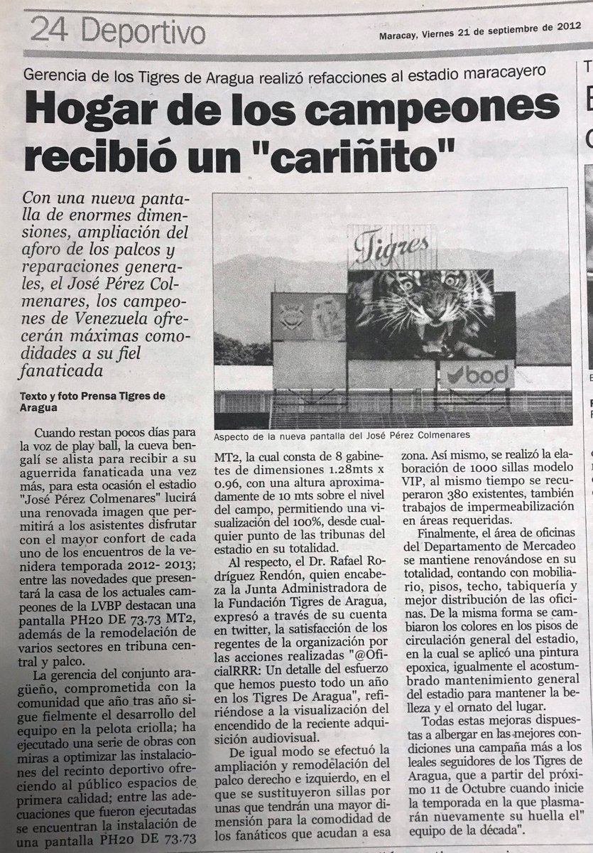 tigrerosoficial's tweet photo. En el #TBT de hoy, recordamos la última vez que se realizaron inversiones en el estadio... Hace 13 años.

Incluyó la actual pantalla.

Estas inversiones se realizaron con recursos de la Fundación Tigres de Aragua. https://t.co/IuAY2zwo2w