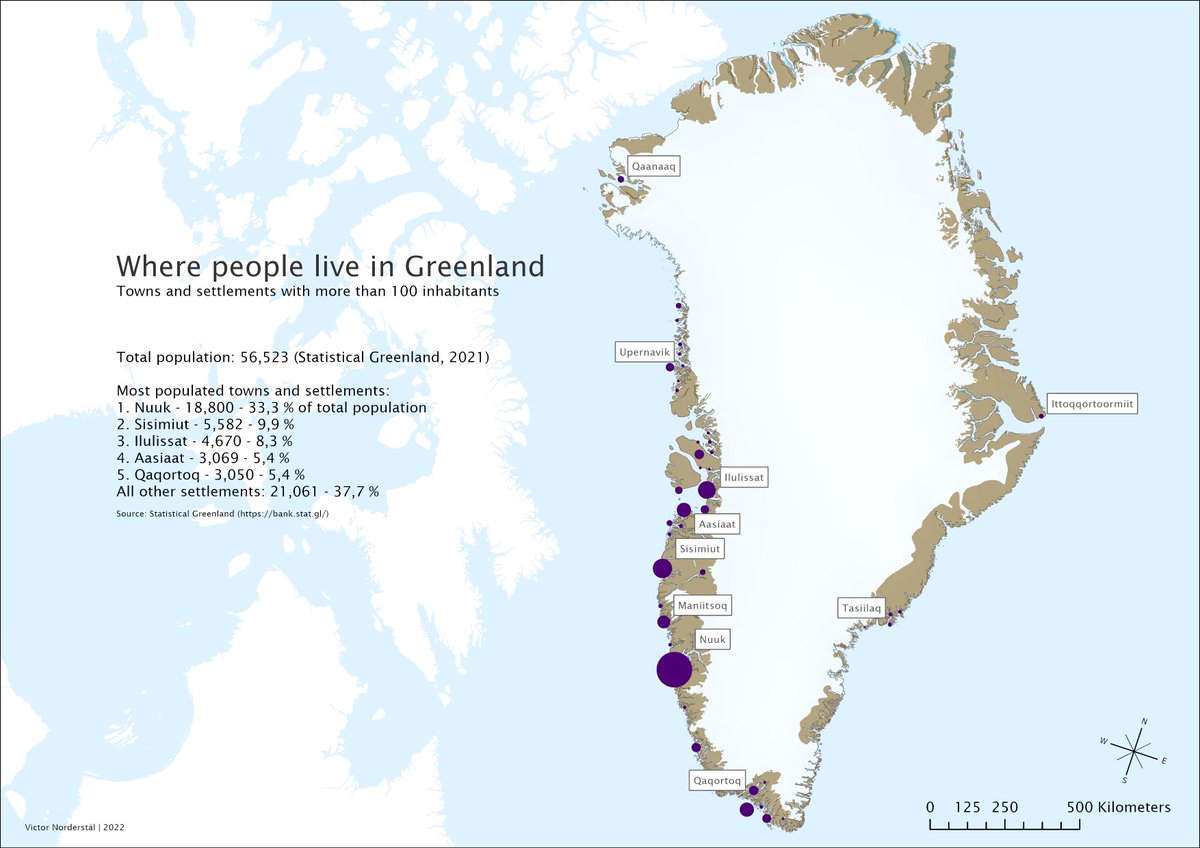 Where People Live in Greenland: Towns &amp; Settlements With More Than 100 Inhabitants

Would you want to live there?

More on the settlements: brilliantmaps.com/where-people-l…