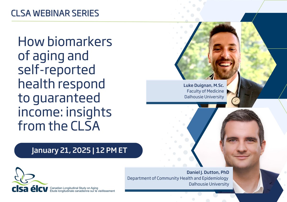 Canadian Longitudinal Study on Aging (CLSA) (@clsa_elcv) on Twitter photo Join us on January 21 at Noon ET for the next #CLSAWebinar.
Luke Duignan and Dr. Daniel Dutton (@danduttonysj) of <a href="/DalhousieU/">Dalhousie University</a> will present "How biomarkers of aging and self-reported health respond to guaranteed income: insights from the CLSA"
Register: ow.ly/ZXvj50UB1CN Join us on January 21 at Noon ET for the next #CLSAWebinar.
Luke Duignan and Dr. Daniel Dutton (@danduttonysj) of <a href="/DalhousieU/">Dalhousie University</a> will present "How biomarkers of aging and self-reported health respond to guaranteed income: insights from the CLSA"
Register: ow.ly/ZXvj50UB1CN