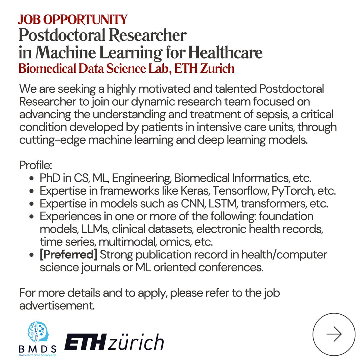 Lakmal Meegahapola (@lakmalbuddika) on Twitter photo ๐ซ <a href="/Biomed_DataSci/">Biomedical Data Science Lab</a> at <a href="/ETH/">ETH Zรผrich</a>๐จ๐ญ๐ต๐ถ๐ฟ๐ถ๐ป๐ด ๐ฎ ๐ฝ๐ผ๐๐๐ฑ๐ผ๐ฐ! Join our team, led by amazing and kind <a href="/Jutzeler_Cathy/">Catherine Jutzeler-Walter</a>, and contribute to exciting machine learning and deep learning projects aimed at revolutionizing healthcare. For the job description and application details, visit: ๐ซ <a href="/Biomed_DataSci/">Biomedical Data Science Lab</a> at <a href="/ETH/">ETH Zรผrich</a>๐จ๐ญ๐ต๐ถ๐ฟ๐ถ๐ป๐ด ๐ฎ ๐ฝ๐ผ๐๐๐ฑ๐ผ๐ฐ! Join our team, led by amazing and kind <a href="/Jutzeler_Cathy/">Catherine Jutzeler-Walter</a>, and contribute to exciting machine learning and deep learning projects aimed at revolutionizing healthcare. For the job description and application details, visit: