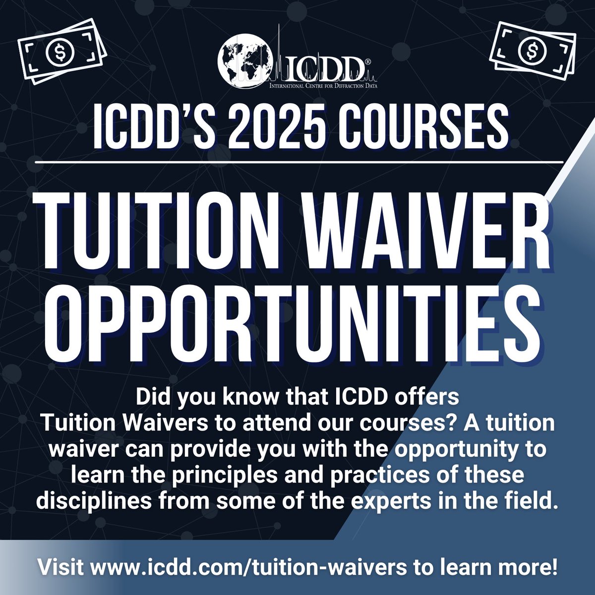 ICDD's tuition waivers were established to promote the education of the scientific community, particularly the academic sector, in X-ray materials analysis. If you are currently developing a program in XRF, XRD, or Rietveld analysis, apply today! icdd.com/tuition-waiver…