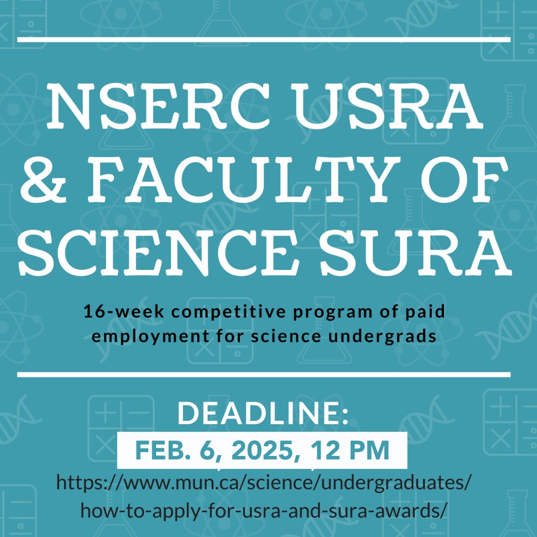Attn: Undergraduate Faculty of Science researchers!

Applications for the <a href="/NSERC_CRSNG/">NSERC / CRSNG</a> Undergraduate Research Awards (USRA) and Faculty of Science Undergraduate Research Awards (SURA) are now open.

‼️ The deadline to apply: Feb 6, 2025, at 12 p.m. 

mun.ca/.../how-to-app…