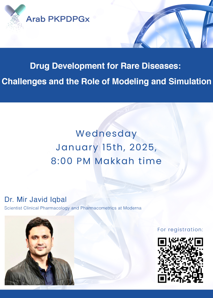 Our next webinar will be next Wednesday January 15th at 8:00 PM.  

Title of the webinar:  "Drug development for rare diseases: challenges and the role of modeling and simulation"    
Speaker is Dr. Mir Javid Iqbal from Moderna

To register (free):
forms.gle/2q2hQ2AucwjYTK…