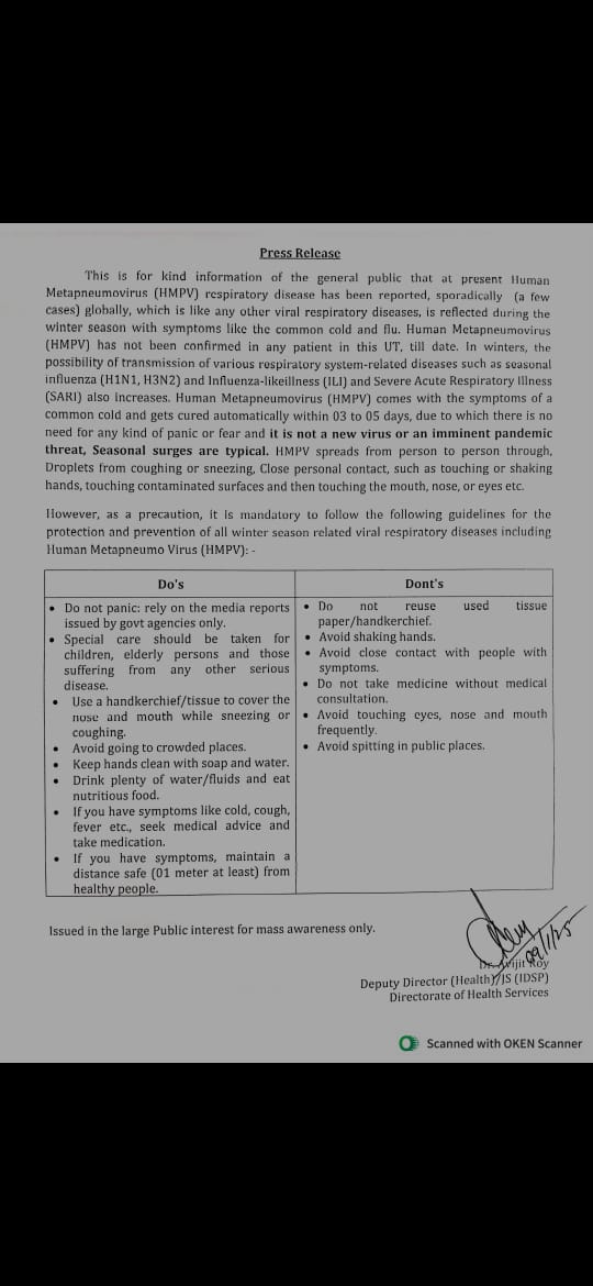 DeputyHealth's tweet photo. HMPV cases no need to panic . Its like common cold ; Follow personal hygiene measures; social distancing; in case of respiratory symproms seek medical advice. @Andaman_Admin @Healthandaman @dravijitroy https://t.co/5A1oWdTp63