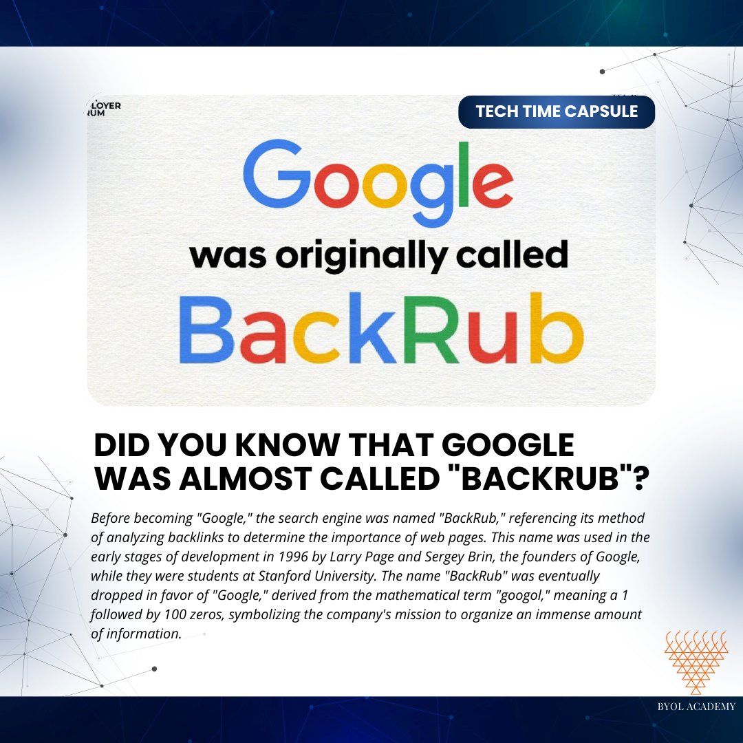 byolacademy's tweet photo. Before Google, there was 'BackRub'! A name that reflected its early mission to rank pages based on backlinks!
#TechHistory #Google #BackRub #SearchEngineEvolution #TechInnovation #backrub #TechTrivia #InternetHistory #StartupJourney https://t.co/vYwmIUBBMG