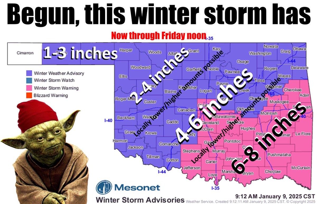 Up,  snow totals continue to go, hmmm? Expanded, the Winter Storm Warning has.  More robust, the storm system is, than forecast before, yes! Quickly  downhill, driving conditions will go. Home, stay you should, if you can! ticker.mesonet.org #okwx #okmesonet