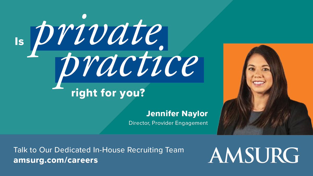 AMSURGcorp's tweet image. There are advantages for physicians in private practice who operate in Ambulatory Surgery Centers. 🏥 Is private practice right for you? Talk to our dedicated in-house recruiting team with complete confidentiality. 📱
amsurg.com/careers
#Opportunities #PhysicianPractice