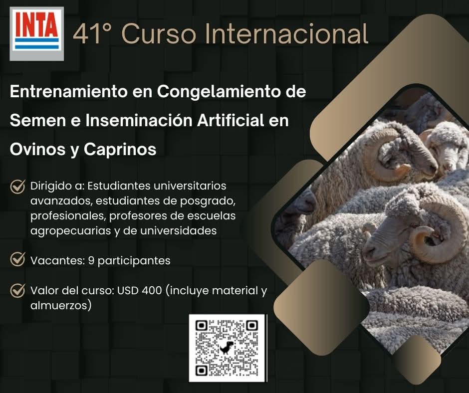 41° Curso Internacional de Entrenamiento en Congelamiento de Semen e Inseminación Artificial en Ovinos y Caprinos
📅 Cuándo?: Del 08 al 11 de abril de 2025 📍 Dónde?: EEA INTA Bariloche, Modesta Victoria 4450, Argentina
🔗 ¡Regístrate ahora! bit.ly/reproINTA