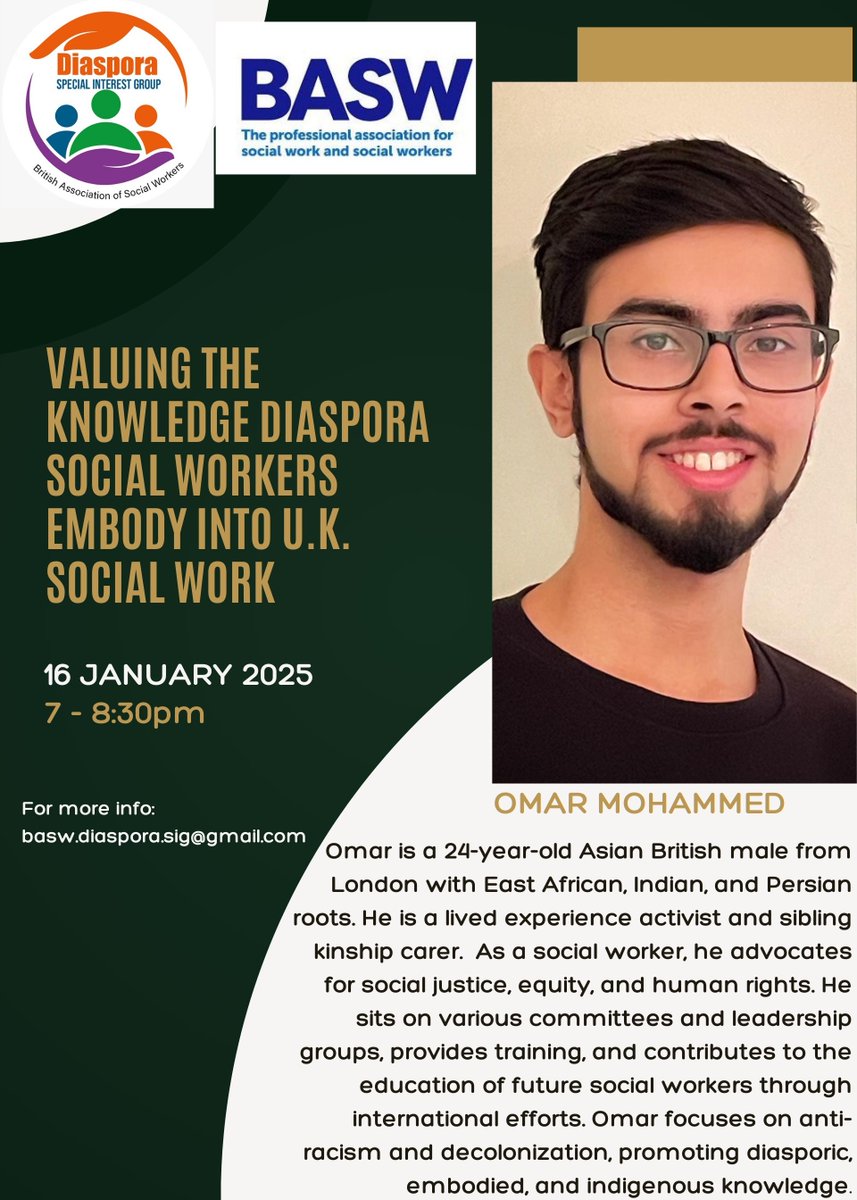 BASW Diaspora Social Workers SIG (@baswdiasporasig) on Twitter photo We are looking forward to our next BASW Diaspora Special Interest Group workshop, titled:
‘Valuing the knowledge diaspora social workers embody into U.K. social work’
To be led by
<a href="/OmarMohamedSW/">Omar Mohamed</a>
Date: 16th Jan 2025
Time: 7 to 8:30pm.
Join in link to be made available soon. We are looking forward to our next BASW Diaspora Special Interest Group workshop, titled:
‘Valuing the knowledge diaspora social workers embody into U.K. social work’
To be led by
<a href="/OmarMohamedSW/">Omar Mohamed</a>
Date: 16th Jan 2025
Time: 7 to 8:30pm.
Join in link to be made available soon.