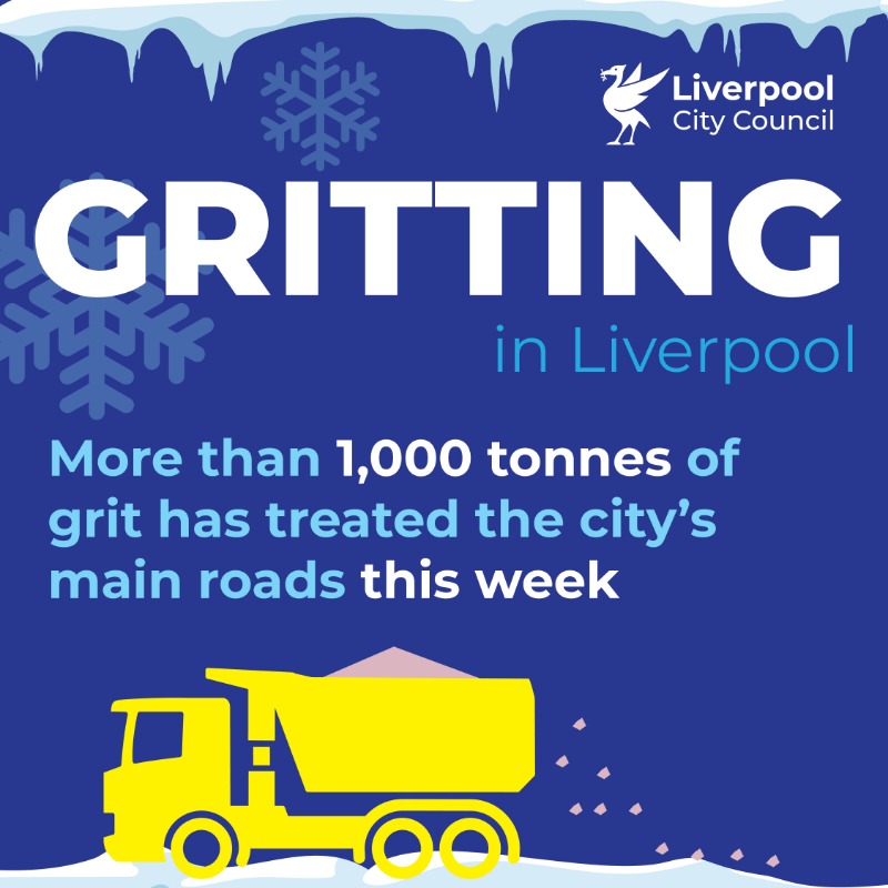 lpoolcouncil's tweet photo. #News: Our gritting crews have now completed 15 runs across #Liverpool since last Friday - spreading more than 1,000 tonnes of grit.
With a yellow weather warning for ice in force, our 7 wagons are on standby to cover 600km of the city's main roads this evening.
#StaySafe