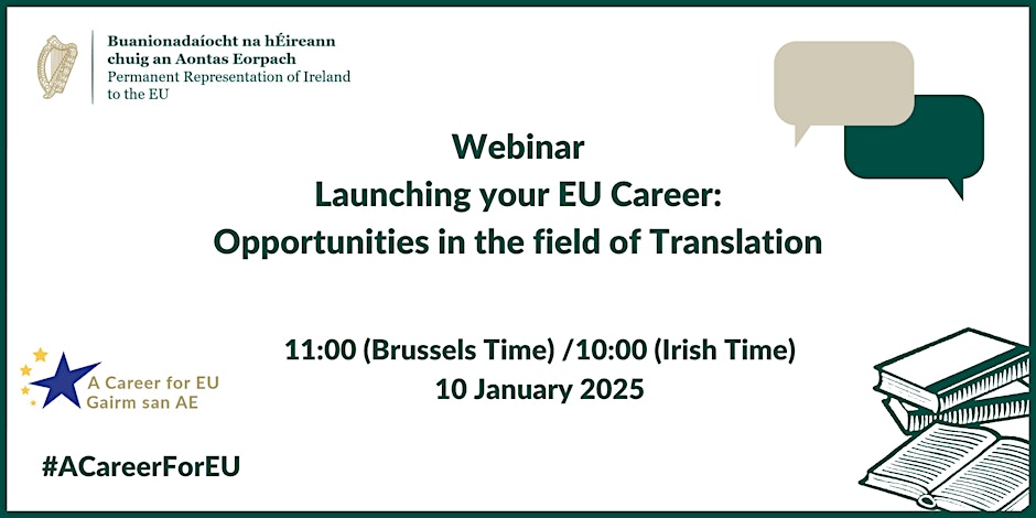The Permanent Representation of Ireland 🇮🇪 to the European Union 🇪🇺 will be holding a webinar for the EU Translator competition at 10am Irish time/ 11am Brussels time tomorrow the 10th of January.

Eventbrite link  👉 eventbrite.ie/e/launching-yo…