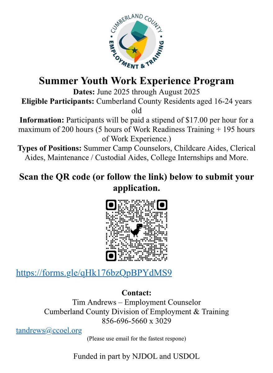 MHS students are you looking for summer work? Are you ages 16-24? Scan the QR code below to submit an application!