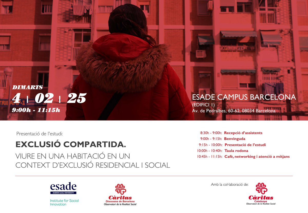 ❗ L'accés i manteniment d'un #habitatgedigne és especialment complex per a les persones en situació d'exclusió social.

📅 El 4 de febrer presentem l'estudi 'Exclusió compartida. Viure en una habitació en un context d'exclusió residencial i social'.

+ info 👉