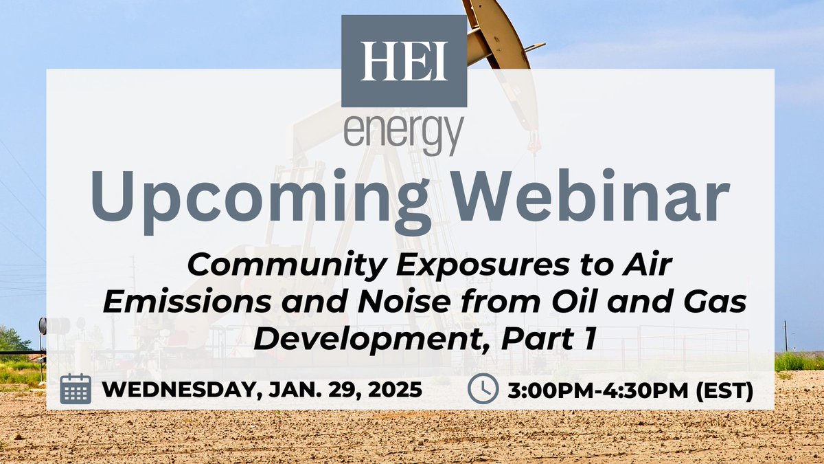 Join <a href="/HEIenergy/">HEI Energy</a> on January 29, 2025 from 3-4:30 PM (EST) for a webinar titled, The TRACER Collaboration: Community Exposures to Air Emissions and Noise from Oil and Gas Development, Part 1.

Learn more and register for the webinar: tinyurl.com/dfut4zv5
