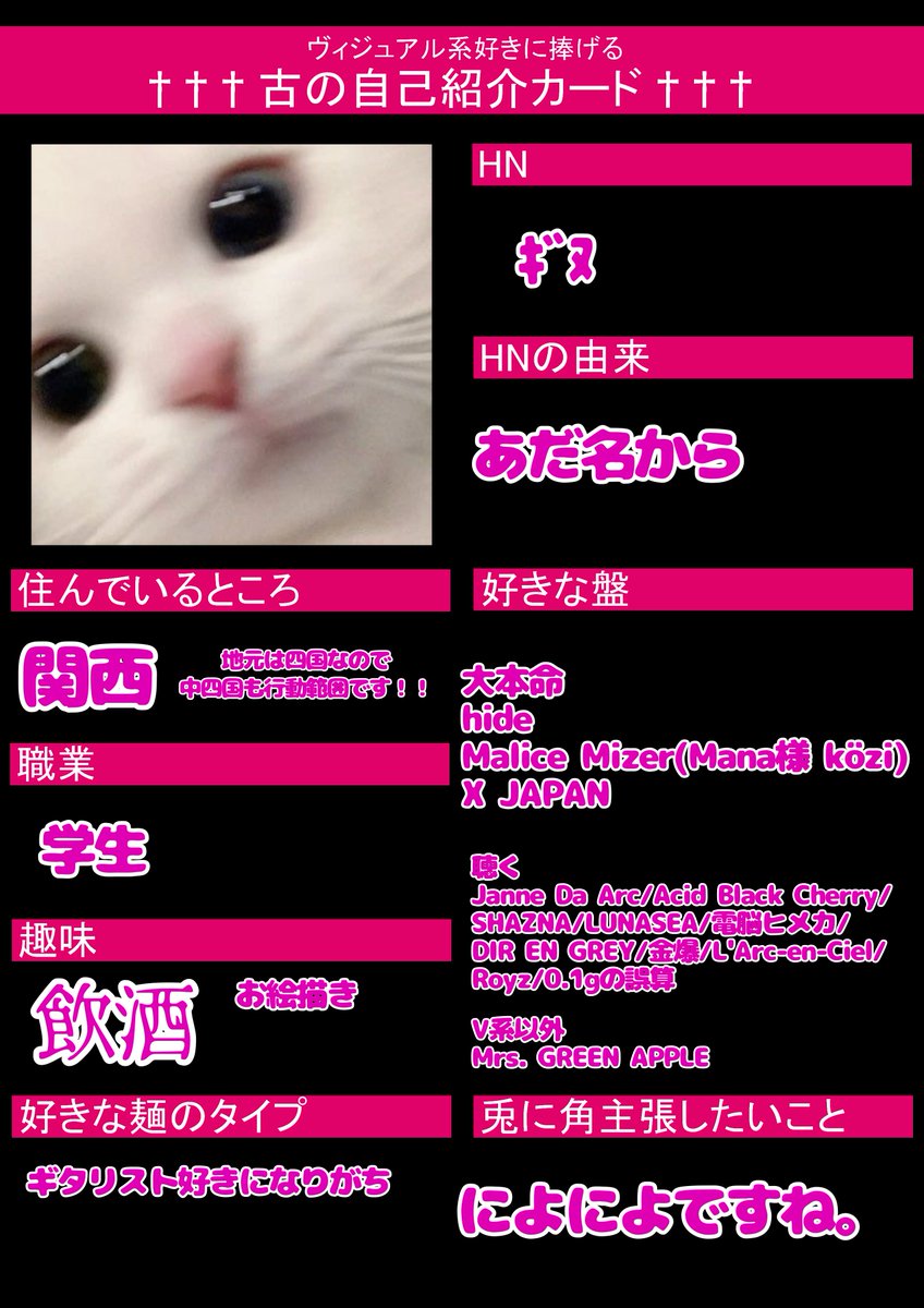 #古の自己紹介カード
#バンギャさんと繋がりたい 

更新しました❕RT中心にお迎え行きます