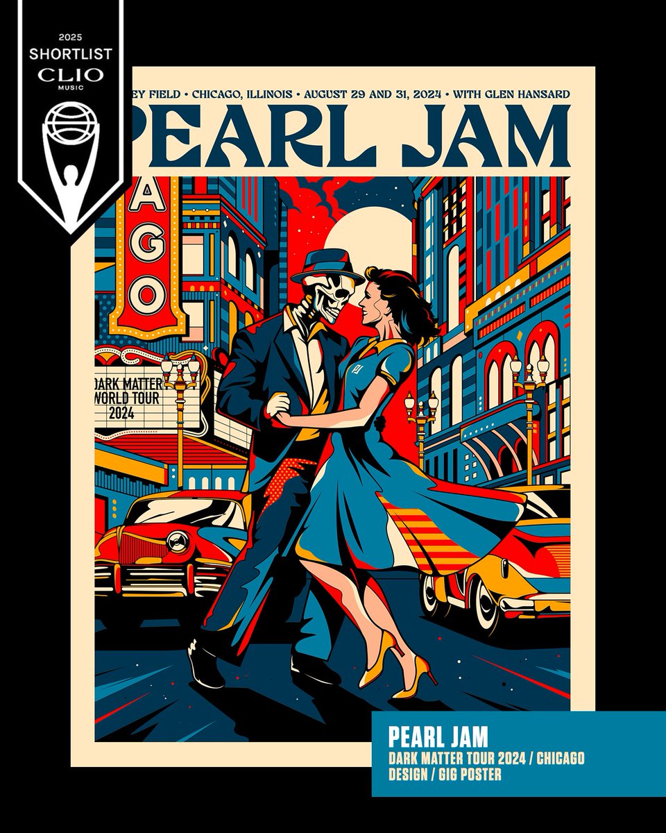 We are super happy to have won the “Silver Clio Music 2025” together with other incredible artists, for the “Dark Matter European Tour” poster . And super honored to have received the “Shortlist” award for the Chicago Poster. Thanks to <a href="/mrtsurt/">Mr TSURT</a>  <a href="/The_Clios/">The Clios</a> <a href="/PearlJam/">Pearl Jam</a> <a href="/demetriosns/">demetrios</a>