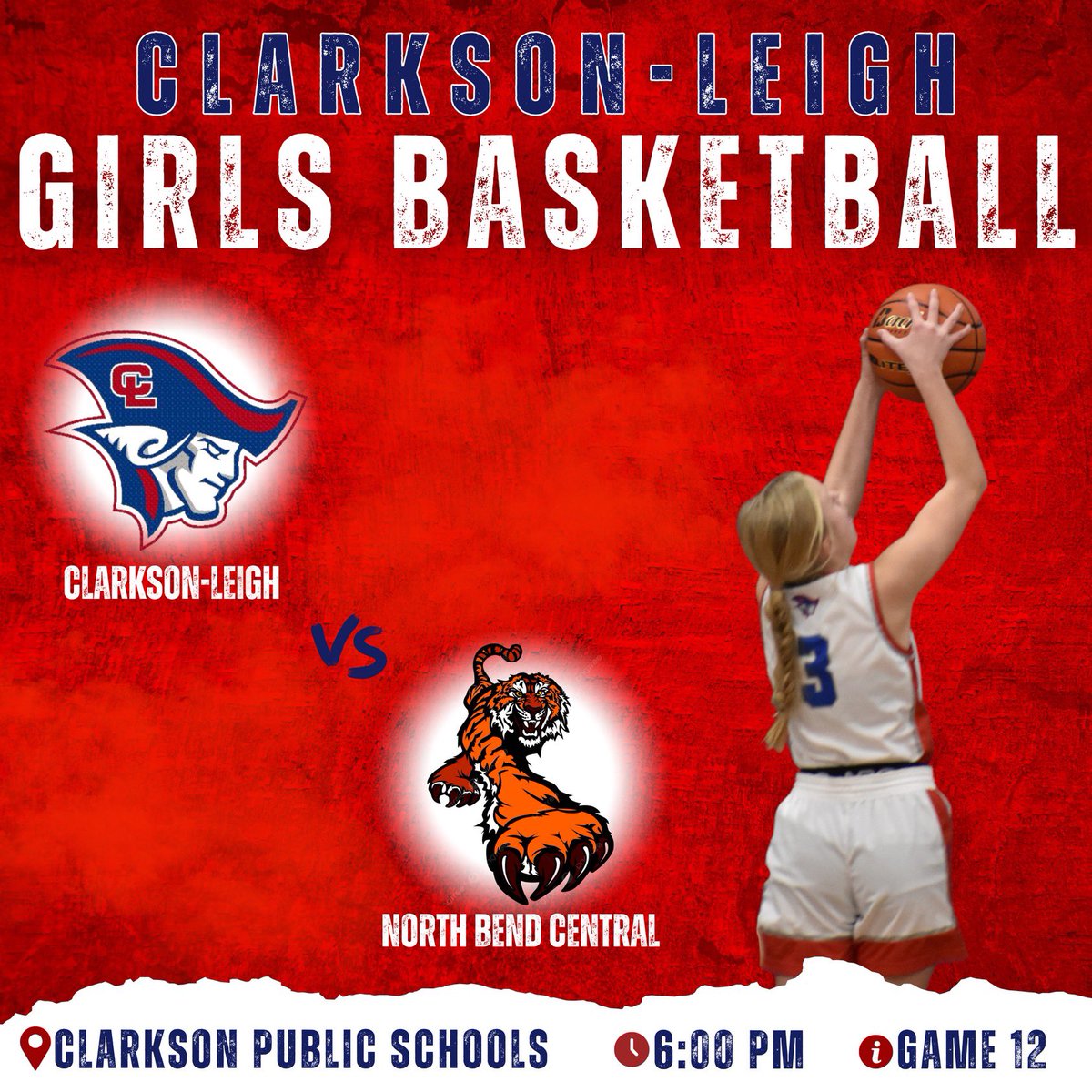 Join us for our home matchup with North Bend Central tonight! 🏀

🆚: North Bend Central
🕓: 6:00 PM
📻: 107.9 The Bull
💻: m.youtube.com/watch?v=PGND0w… 
📍: Clarkson School Schools