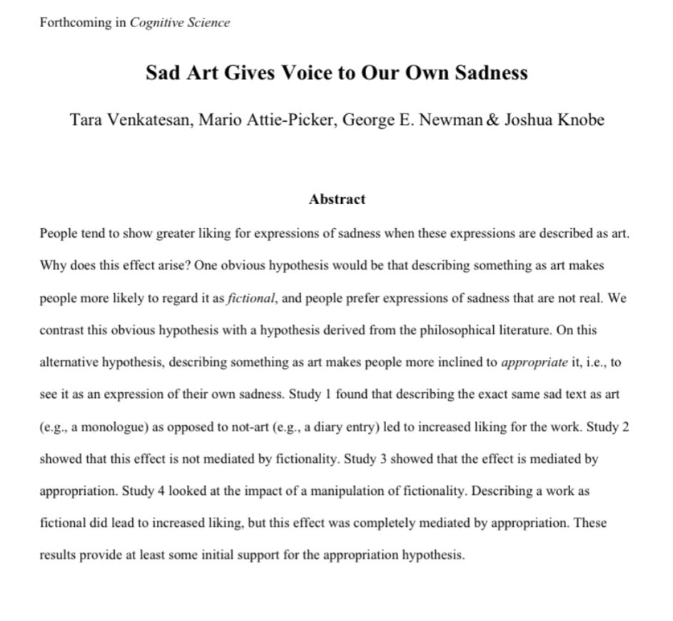 Our new paper on why people love sad art 

The key question: You probably wouldn’t enjoy it if someone started telling you about how she is addicted to drugs and her life is failing apart. So why do you love it when she creates a work of art about that very same thing?