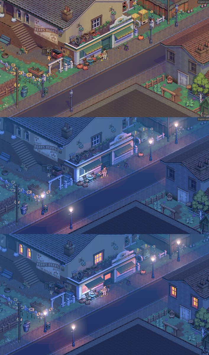 Just a little work in progress on lighting emissions for our cozy pixel art game! 💡