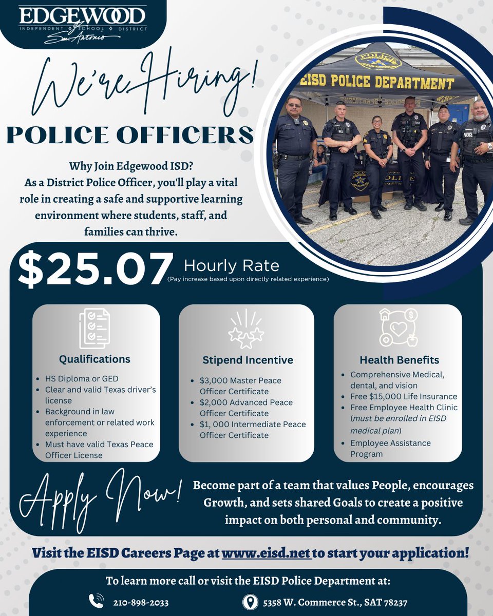 EISD Human Resources (@eisdhr1) on Twitter photo Become an EISD Police Officer! Be the Difference and Apply Today! Starting hourly pay is $25.07! <a href="/EISDPDofSA/">Edgewood ISD PD</a> <a href="/EISDofSA/">Edgewood ISD</a> Become an EISD Police Officer! Be the Difference and Apply Today! Starting hourly pay is $25.07! <a href="/EISDPDofSA/">Edgewood ISD PD</a> <a href="/EISDofSA/">Edgewood ISD</a>