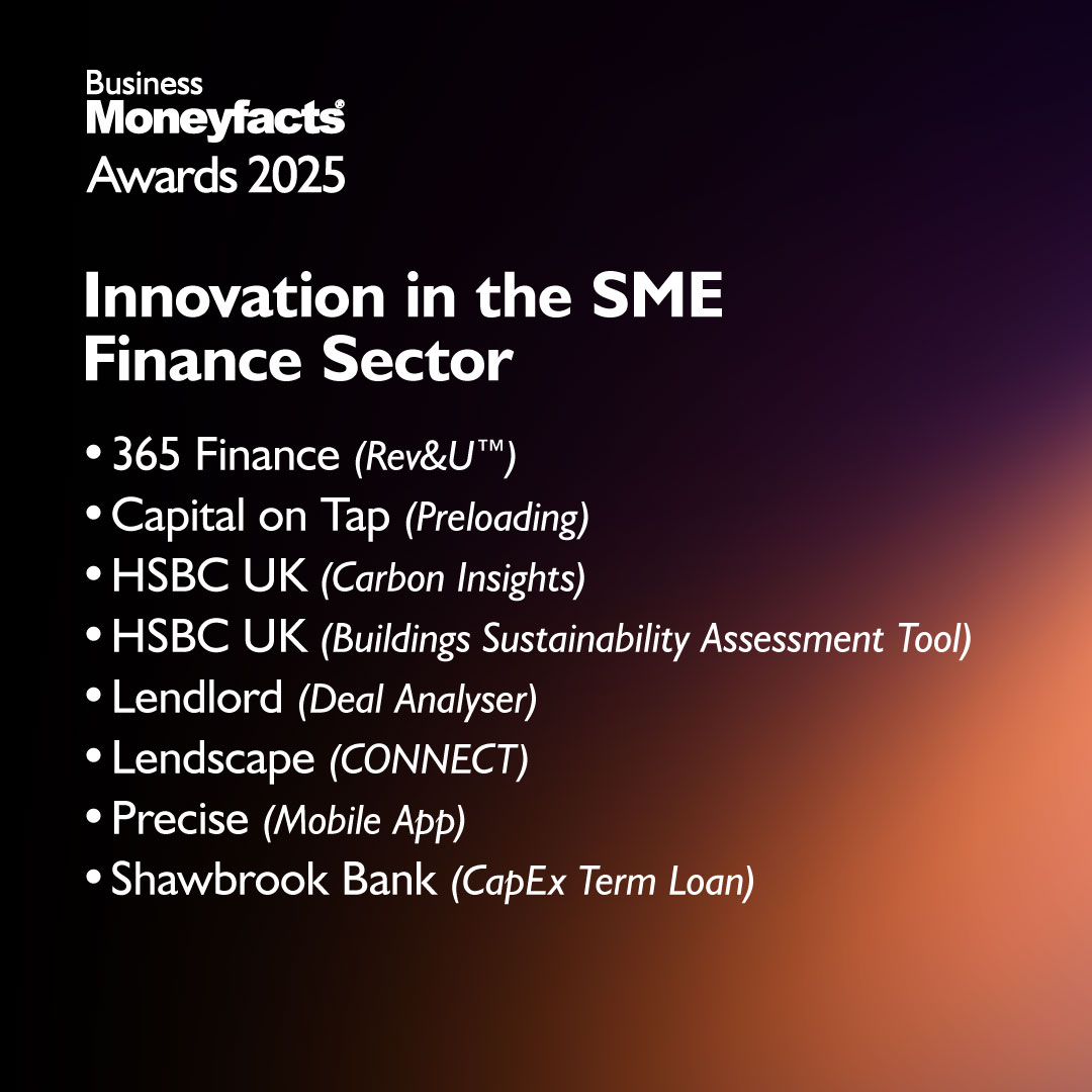 The Business Moneyfacts Awards 2025 finalists in the Innovation in the SME Finance Sector category are: <a href="/365BizFinance/">365 finance</a>, @CapitalOnTap, <a href="/HSBC_UK/">HSBC UK</a>, <a href="/Lendlord3/">Lendlord</a>, <a href="/Lendscape_HQ/">Lendscape</a>, <a href="/Precise_Mtgs/">PRECISE.</a>, @shawbrookbank
#BMFAwards