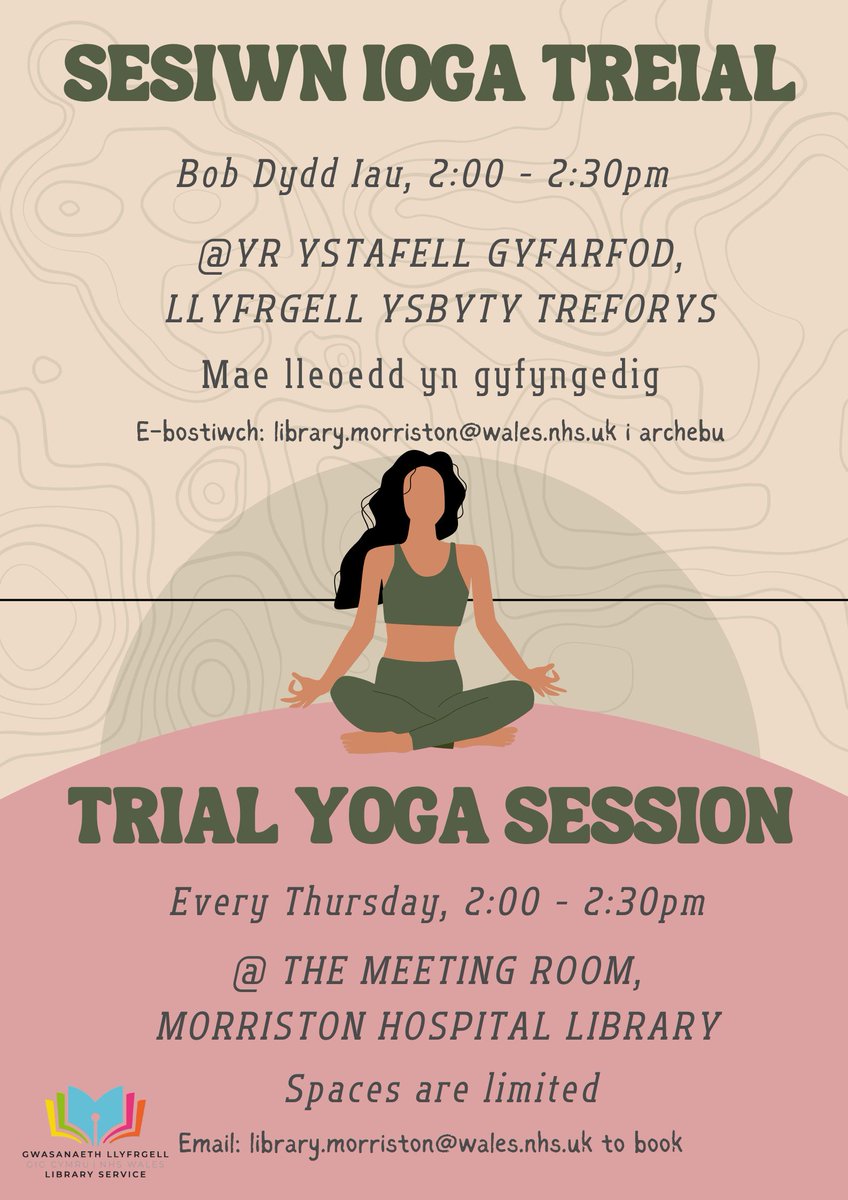 Llyfrgelloedd Bae Abertawe/ Swansea Bay Libraries (@swanbayuhblibs) on Twitter photo Today's Trial yoga session was such a success that Morriston have decided to run it on a weekly basis!
Every Thursday@ 2-2:30pm.
Spaces are limited, so contact the library at library.morriston@wales.nhs.uk to book. Today's Trial yoga session was such a success that Morriston have decided to run it on a weekly basis!
Every Thursday@ 2-2:30pm.
Spaces are limited, so contact the library at library.morriston@wales.nhs.uk to book.