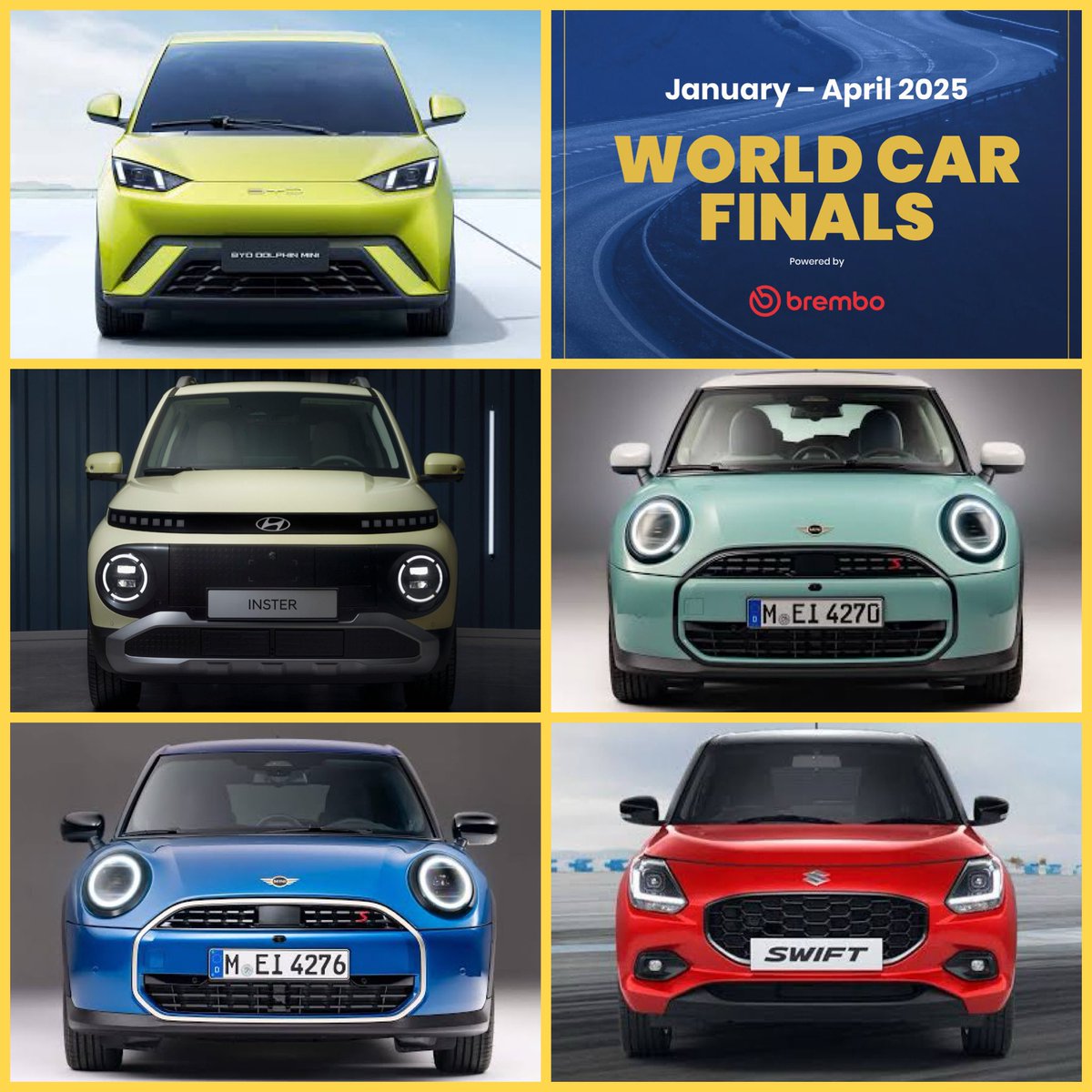 Next we have the Top 5 Finalists for 2025  World Urban Car also in alphabetical order: 
- BYD Seagull / Dolphin Mini
- Hyundai Inster / Casper Electric
- Mini Cooper
- Mini Cooper Electric
- Suzuki Swift
#wcoty #worldcarawards