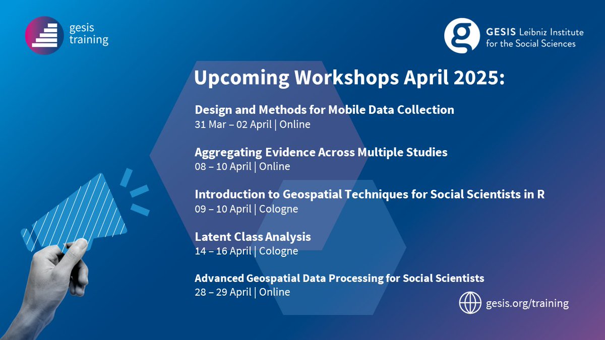 Step into spring with our #GESISworkshops this April! 🌷
Grow your skills and connect with others as we embrace a season of learning and discovery. Don’t miss out!
➡️ Register and find all the details at gesis.org/workshops — more info in the thread below 🧵👇
