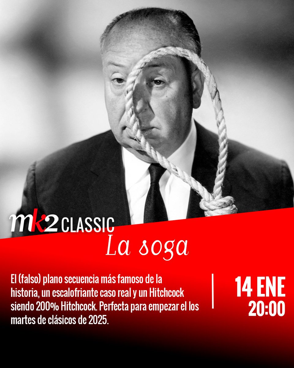 Dos universitarios que se creen más listos que la poli, un terrible secreto escondido en un baúl y el plano secuencia (con truco) más famoso de la historia.

LA SOGA, de Alfred Hitchcock, inaugura este martes los MK2 Classic de 2025.

⏰Como siempre, a las 20:00.