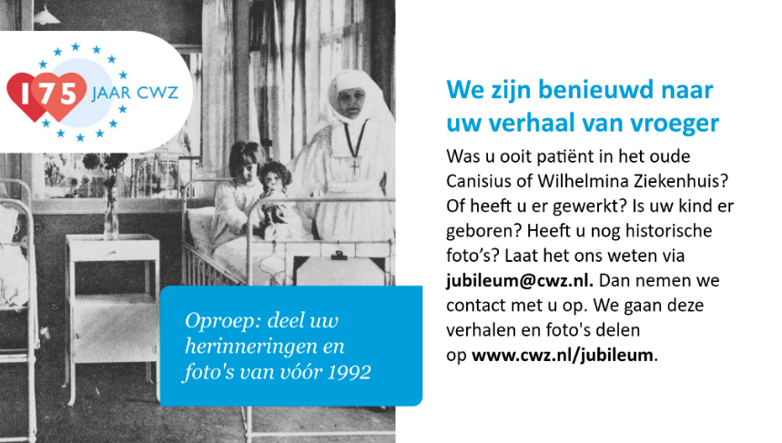 CWZ bestaat dit jaar 175 jaar. Een prachtige mijlpaal die we natuurlijk willen vieren. Hiervoor zijn we op zoek naar jouw herinneringen en foto's! 
Lees meer via: obi41.nl/3dxvty6f 

#cwz #nijmegen #werkenbijcwz #jubileum #175jaar #oproep #mijlpaal
