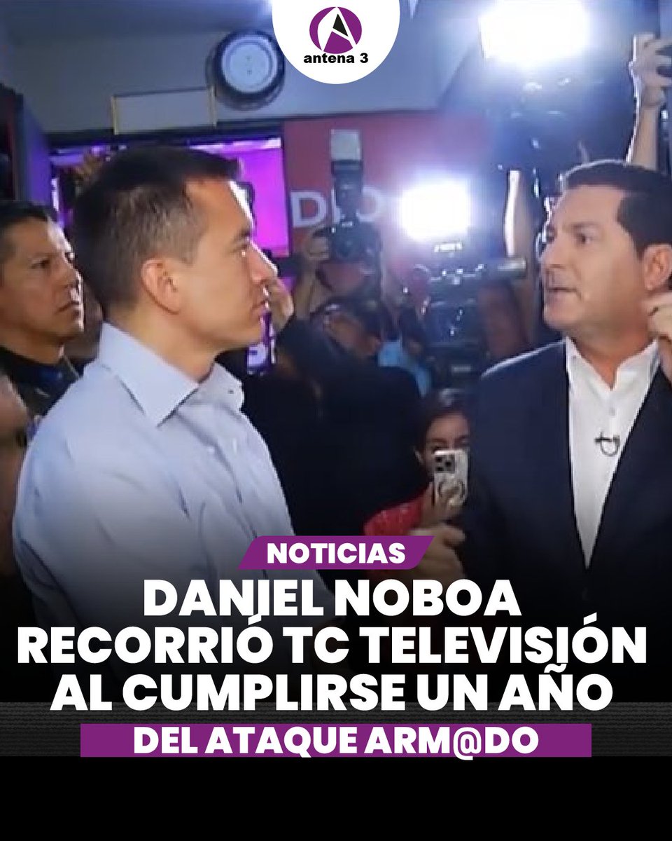 El presidente Daniel Noboa visitó las instalaciones de TC Televisión para conmemorar un año del ataque armado contra el medio. Durante su recorrido, fue recibido por el periodista Jorge Rendón, quien lo guió a través de las áreas del canal tras el lamentable suceso.
