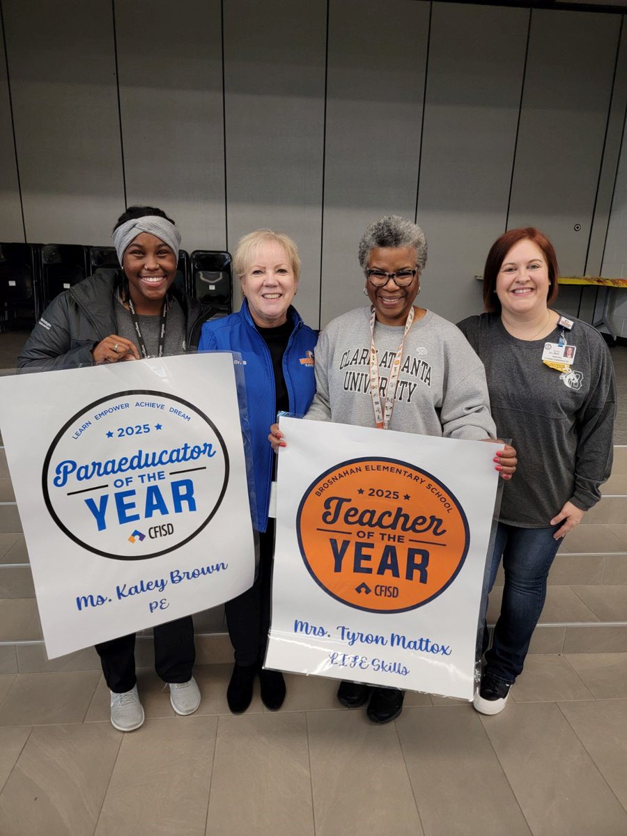 We are happy to announce our <a href="/BrosnahanES/">Brosnahan Elementary</a> Teacher of the Year, Mrs. Tryon Mattox, a phenomenal LIFE Skills teacher and our Paraeducator of the Year, Ms. Kaley Brown, an amazing PE para.  #Welldeserved <a href="/CyFairISD/">Cypress-Fairbanks ISD</a> 🧡💙🧡💙
