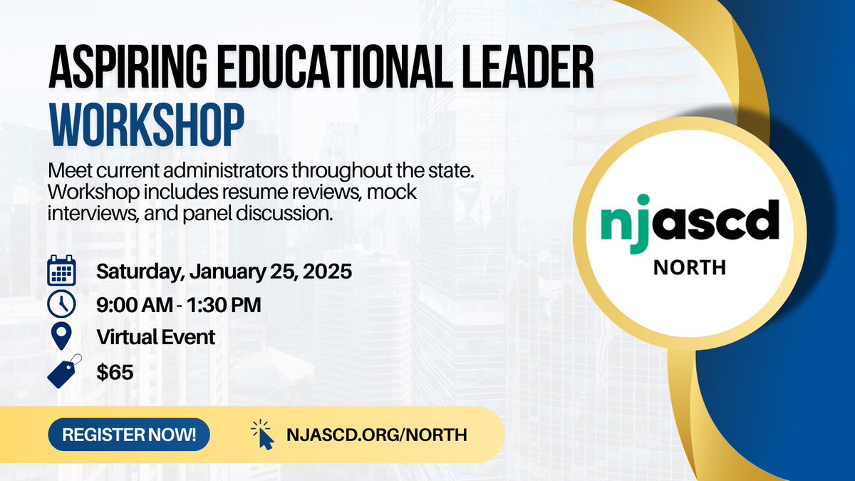 Are you an aspiring administrator?

Join us for the Aspiring Educational Leader Workshop on 1/25/25. This virtual event features individual resume review and feedback, mock interviews, and a panel discussion. 

Register now! 

Njascd.org/north