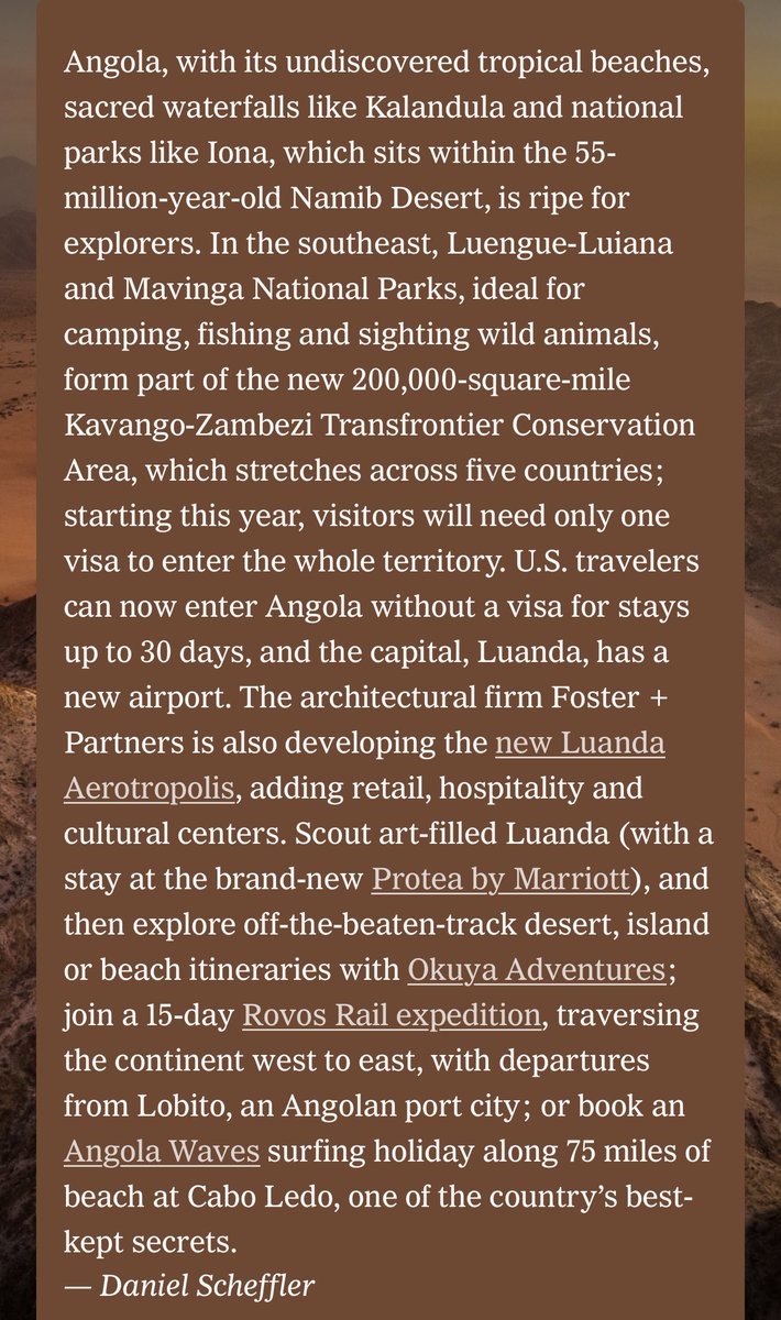 Angola eleita como um dos destino a visitar em 2025 pela <a href="/nytimes/">The New York Times</a> e nós @OkuyaAdventures como referência para as melhores experiências por esse enorme e belo país. 

Continuamos a levar o nome do país além fronteiras pelas melhores razões. Tudo por Angola. 

Vens connosco?