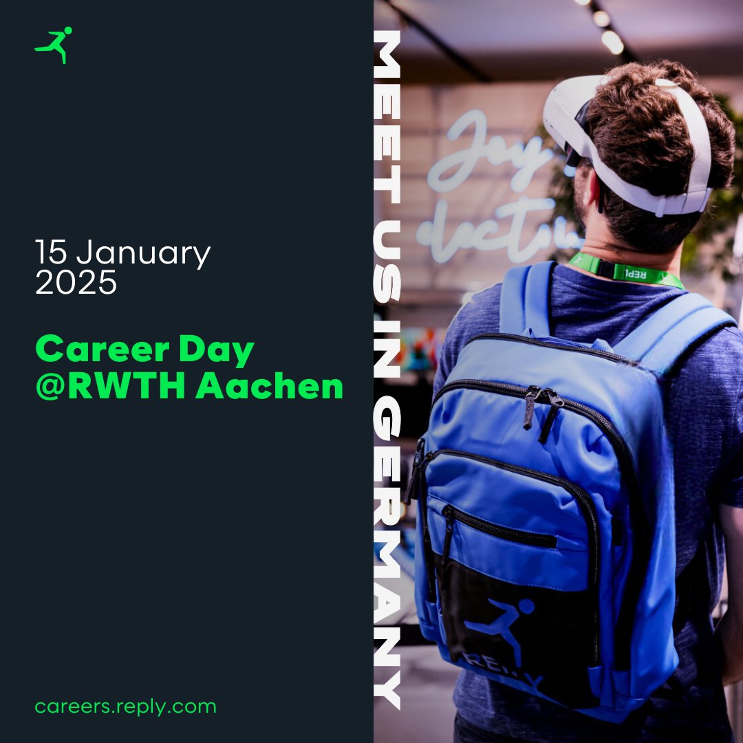 Ready to shape your future?

Kickstart the New Year with us at the Career Day RWTH Aachen University on January 15! 🚀

What’s in it for you?

✨ Explore exciting career opportunities
✨ Get a glimpse of #LifeAtReply
✨ Connect directly with our HR team

We look forward to get to