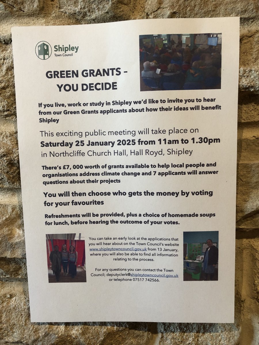The public meeting to decide which projects will be funded as part of the 2024-2025 Green Grant scheme is on Saturday 25th January, 11am-1.30pm at Northcliffe Church Hall.
Refreshments and tasty soup will be provided and all are welcome. Look forward to seeing you there!
#Shipley