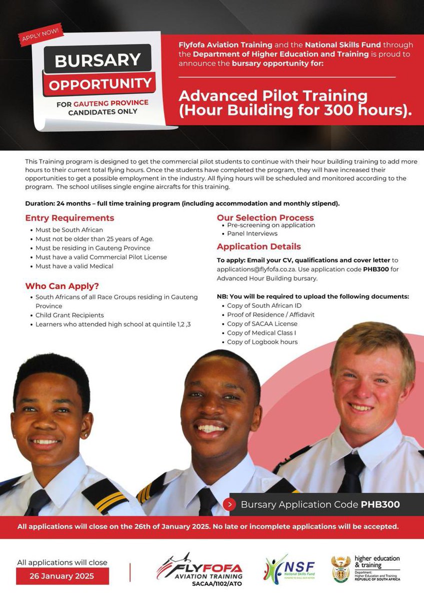 EducationGP1's tweet photo. 🚨 𝗕𝗨𝗥𝗦𝗔𝗥𝗬 𝗢𝗣𝗣𝗢𝗥𝗧𝗨𝗡𝗜𝗧𝗬 🚨

✈️ FlyFofa Aviation Training is offering Gauteng youth that are interested in aviation full-funded bursaries (incl. accommodation & monthly stipend) for the following programmes:

🛩️ Advanced Pilot Training
🧑🏽‍✈️ Cabin Crew Training
🎮 Drone Pilot Certificate
🛫 Private to Commercial Pilot License

📩 To apply, send your CV, qualifications & cover letter to applications@flyfofa.co.za

📅 Closing date: 26 January 2025

#GrowingGautengTogether