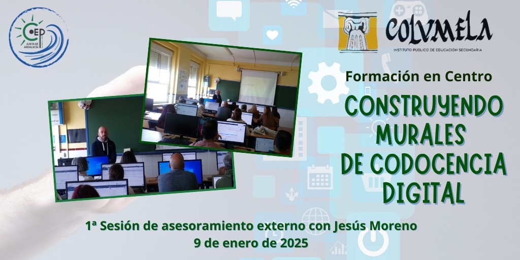La Formación en Centro "Construyendo murales de codocencia digital” en <a href="/iescolumela/">IES Columela</a>  desarrolla su primera sesión de asesoramiento externo con la participación de Jesús Moreno Matos. #cdd #codocencia <a href="/DG_IFP/">DG de Innovación y Formación del Profesorado</a> <a href="/EducaAnd/">Consejería Desarrollo Educativo y FP</a>