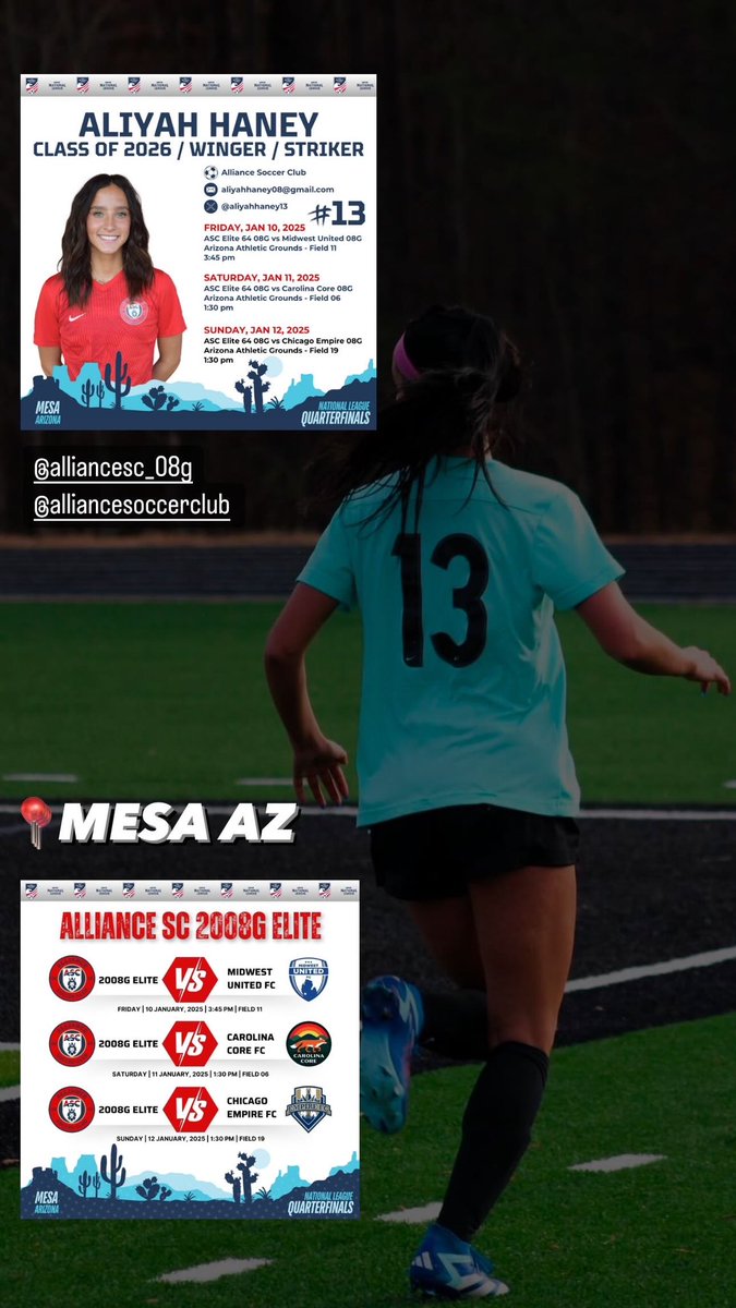 Aliyah Haney (@aliyahhaney13) on Twitter photo So excited to get the opportunity to compete in the <a href="/NationalLeague/">National League</a> ELITE64 quarterfinals with my girls in Mesa Arizona this weekend! I look forwarding to seeing you coaches, I hope y’all can make it to watch us do our thing. <a href="/ImCollegeSoccer/">College Soccer Truth ™</a> <a href="/NEGARecruits/">Northeast Georgia Recruits</a> <a href="/ImYouthSoccer/">ECNL/GA/Recruiting/College Soccer</a> So excited to get the opportunity to compete in the <a href="/NationalLeague/">National League</a> ELITE64 quarterfinals with my girls in Mesa Arizona this weekend! I look forwarding to seeing you coaches, I hope y’all can make it to watch us do our thing. <a href="/ImCollegeSoccer/">College Soccer Truth ™</a> <a href="/NEGARecruits/">Northeast Georgia Recruits</a> <a href="/ImYouthSoccer/">ECNL/GA/Recruiting/College Soccer</a>