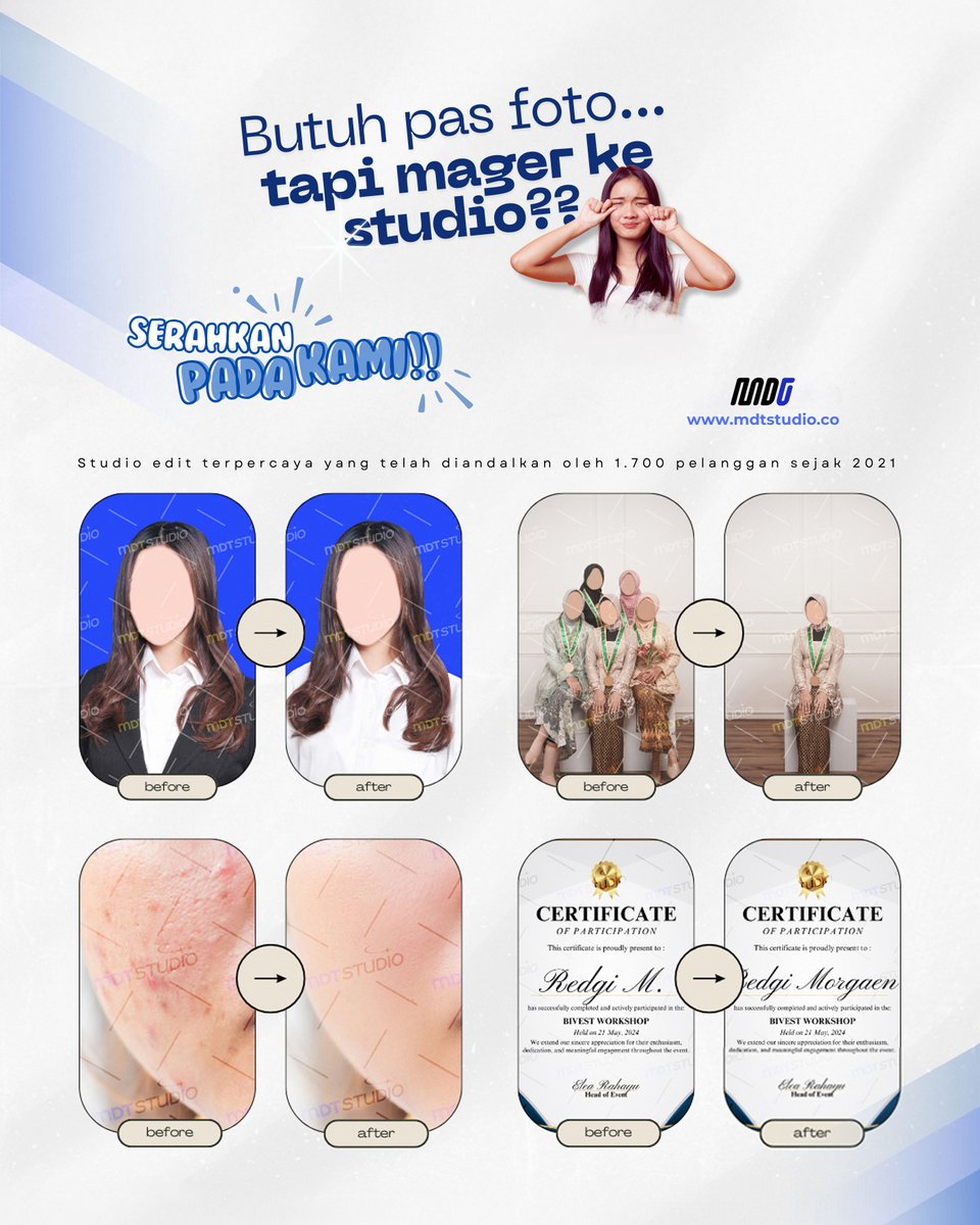 pixelure_id's tweet image. Butuh jasa edit? Kita punya solusi lengkap buat kamu!

𓆰 Edit dokumen/File scan/Sertifikat
𓆰 Retouch foto, Enhance, Hapus objek
𓆰 Bikin pas foto, Ganti pakaian, Restorasi
𓆰 Serta request lain ~

🔗 Klik mdtstudio.co untuk kontak &amp;amp; informasi lebih lanjut.
#zonauang