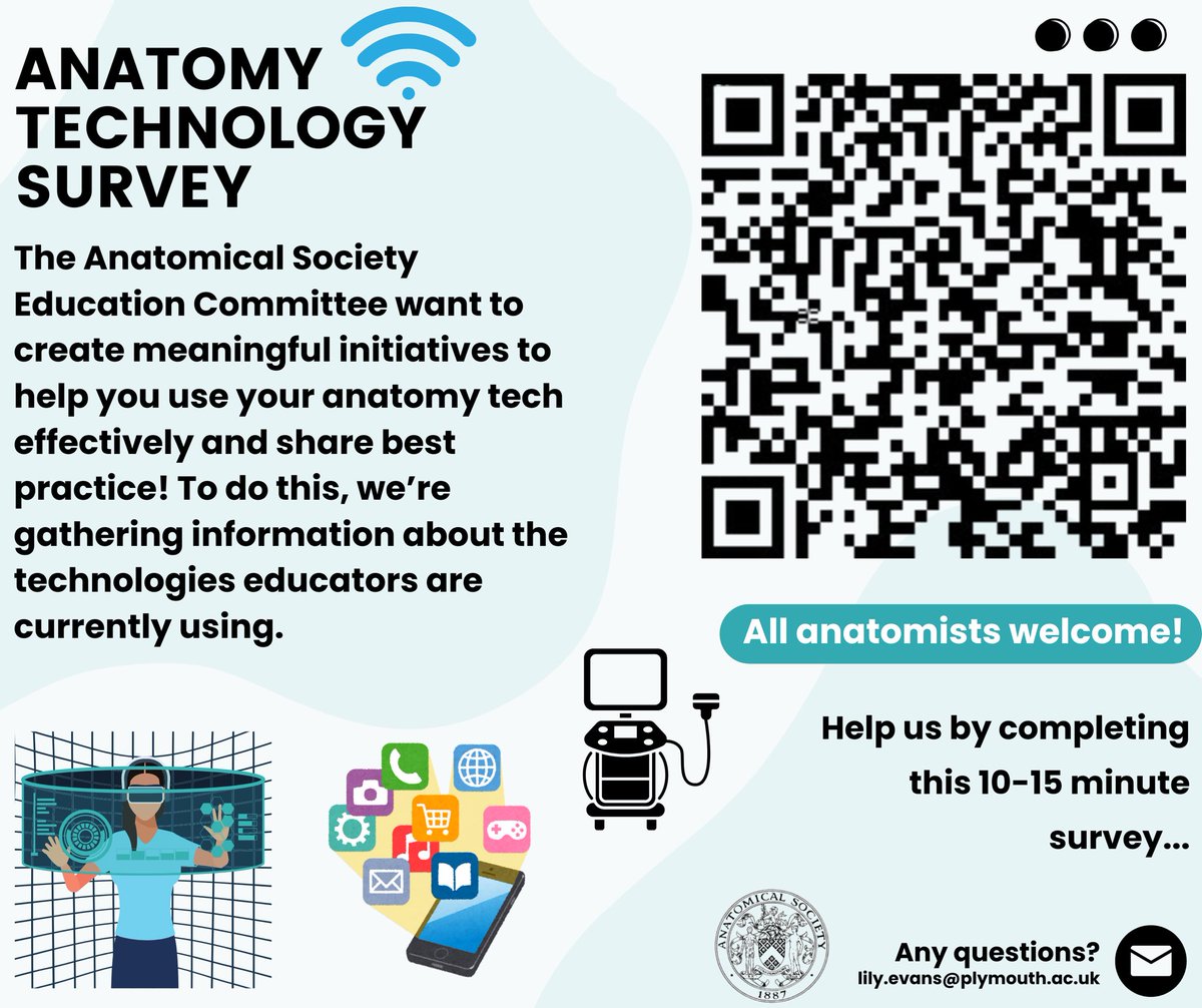 The AnatSoc Education committee would love to hear from you about the technology you’re using in your teaching! The hope is to form best practice communities, hold webinars, facilitate multi-centred research studies and more, based on your feedback. shorturl.at/TgACp